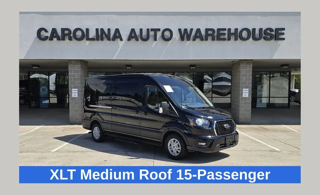 Black 2025 Ford Transit-350 XLT 15-Passenger w/HD Tow Package and Blind Spot for sale in Concord, NC
