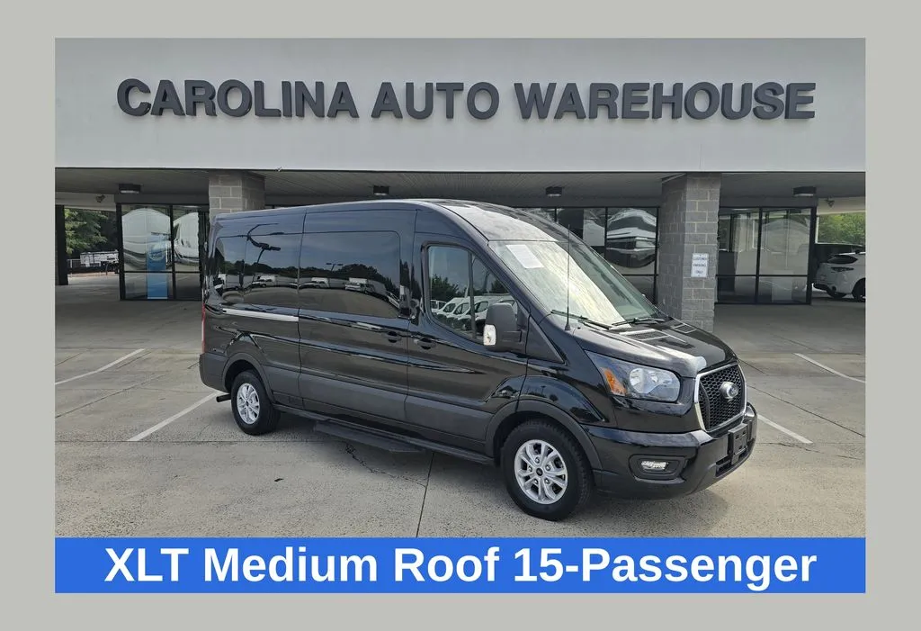 Black 2025 Ford Transit-350 XLT 15-Passenger w/HD Tow Package and Blind Spot for sale in Concord, NC