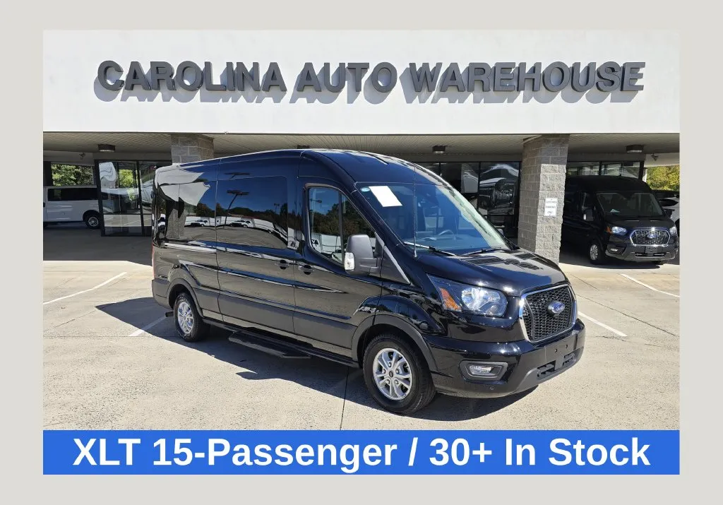 Black 2025 Ford Transit-350 XLT 15-Passenger w/HD Tow Package and Blind Spot for sale in Concord, NC