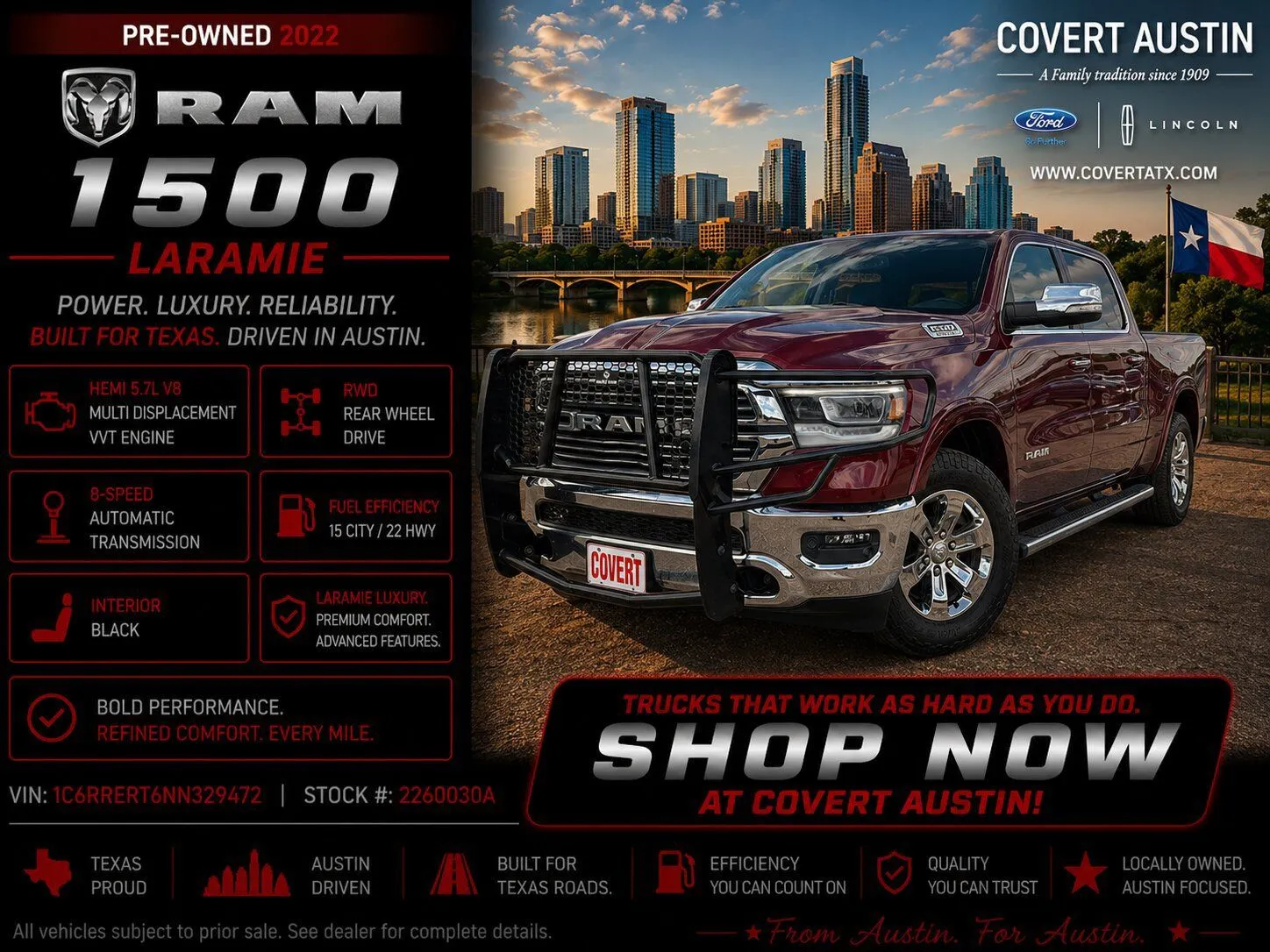 Red 2022 Ram 1500 Laramie for sale in Austin, TX