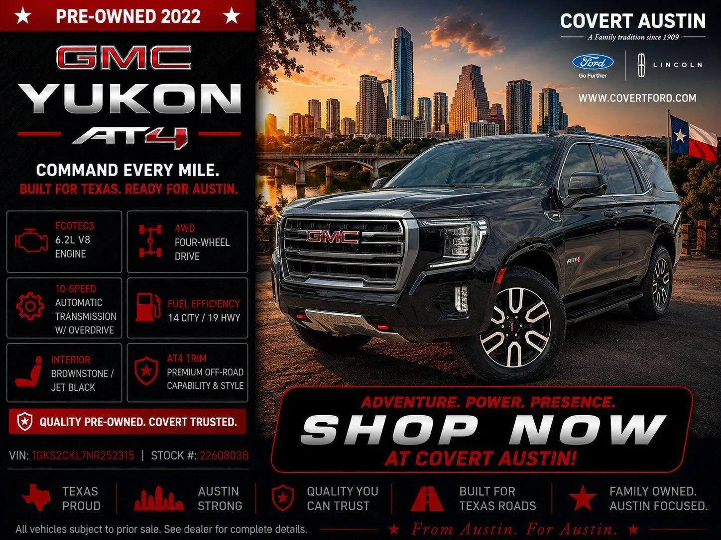 Black 2022 GMC Yukon AT4 for sale in Austin, TX