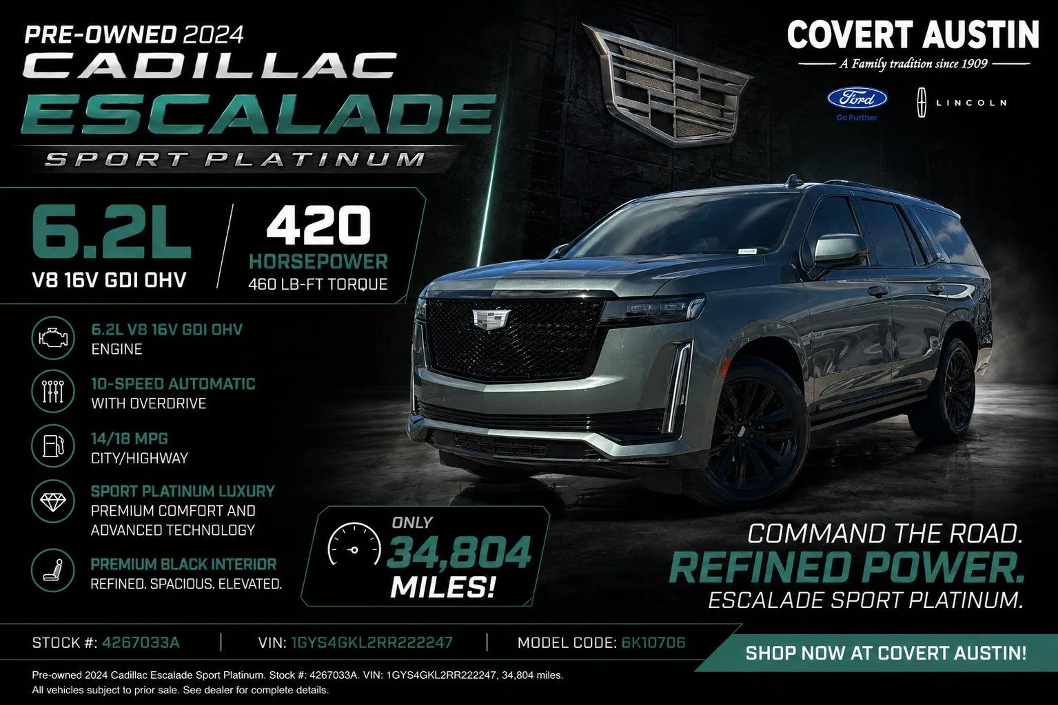 Green 2024 Cadillac Escalade Sport Platinum for sale in Austin, TX
