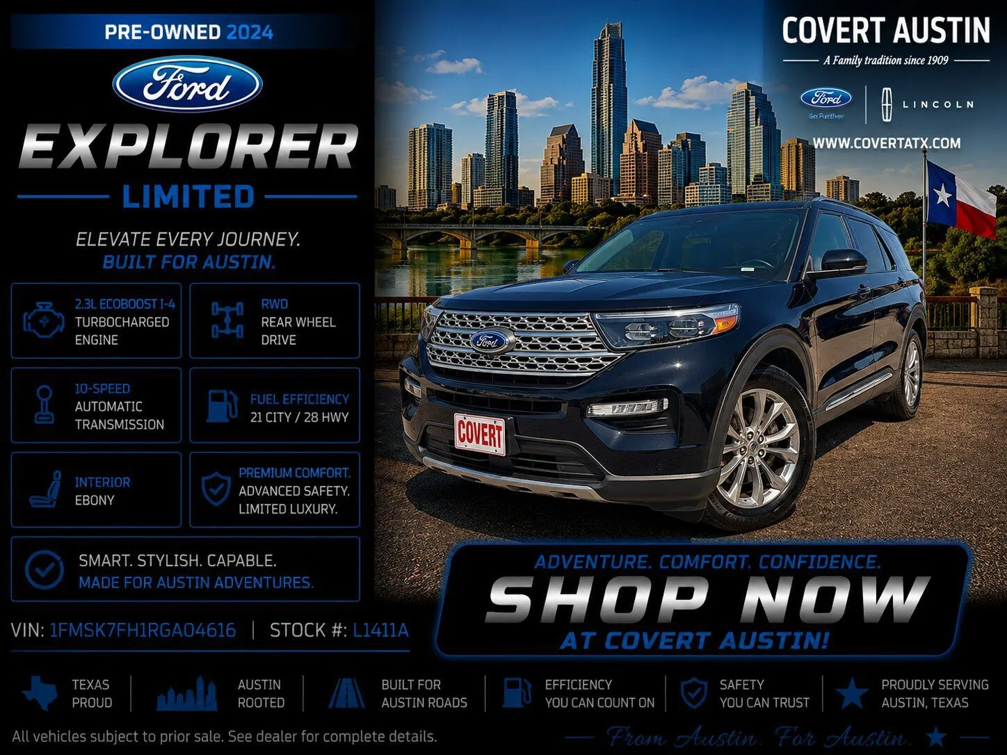 Black 2024 Ford Explorer Limited for sale in Austin, TX