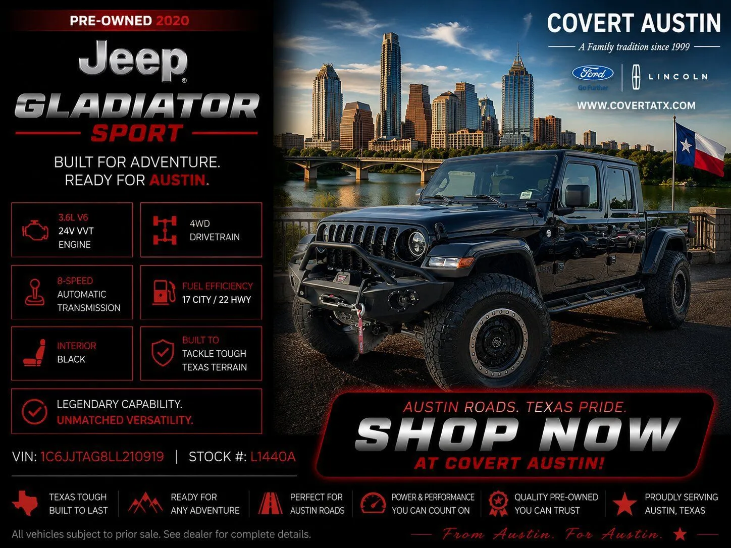 Black 2020 Jeep Gladiator Sport for sale in Austin, TX
