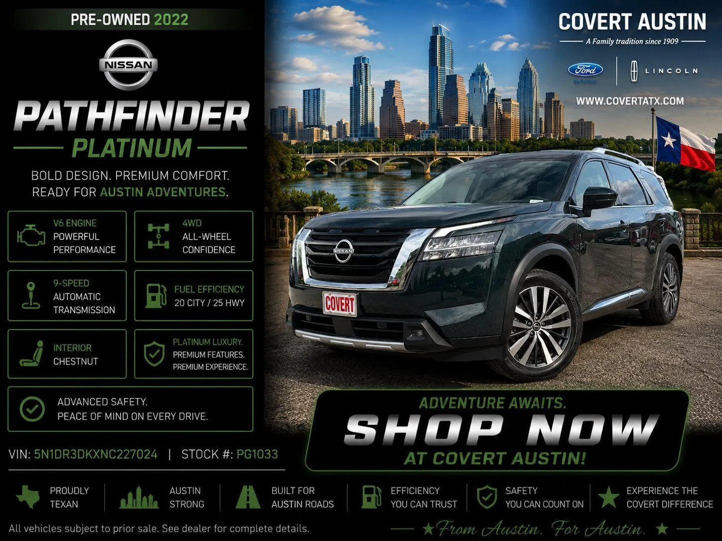 Green 2022 Nissan Pathfinder Platinum for sale in Austin, TX