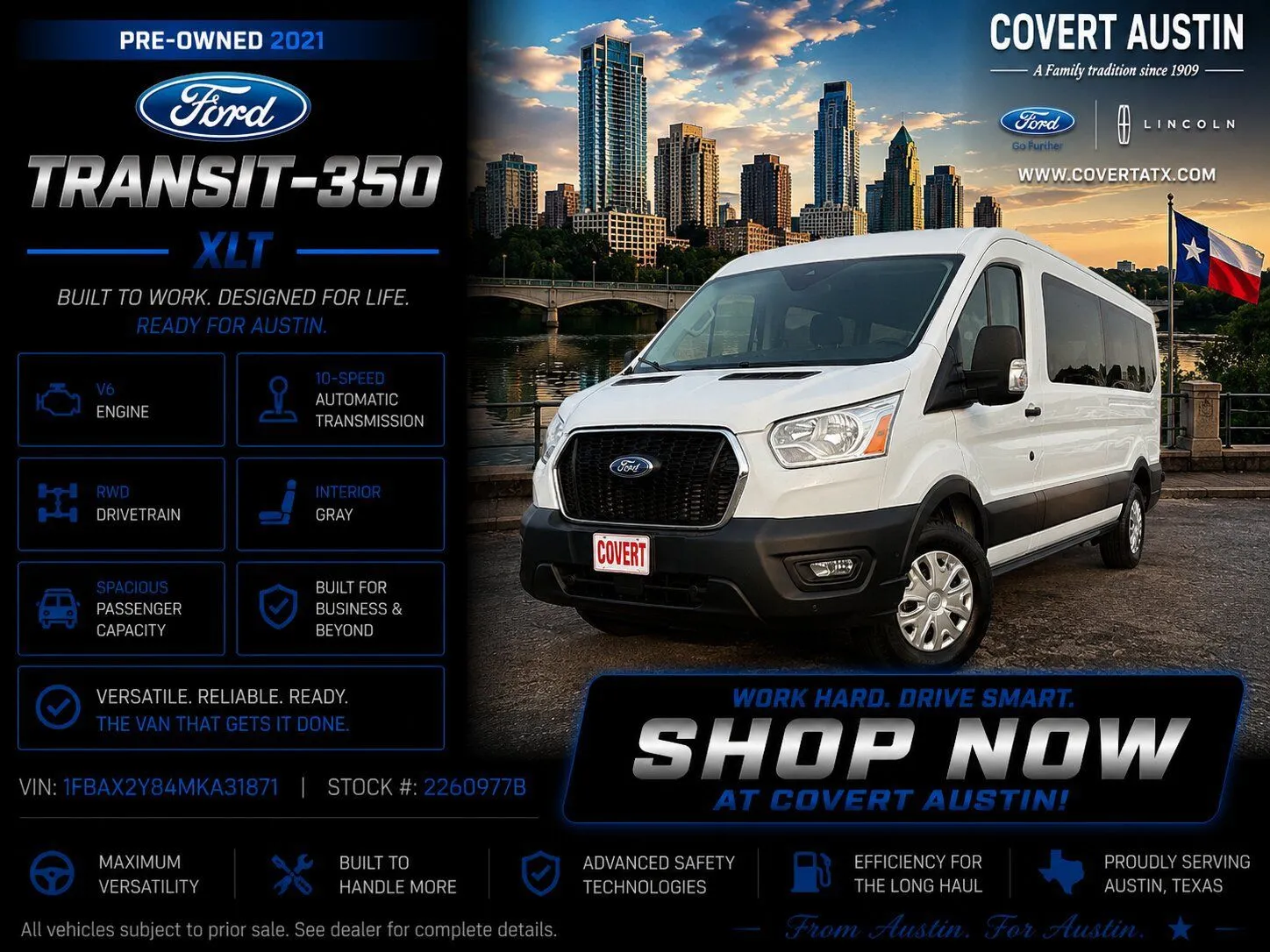 White 2021 Ford Transit-350 XLT for sale in Austin, TX