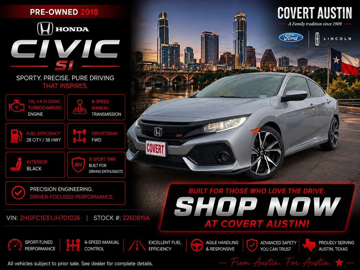 Gray 2018 Honda Civic Si for sale in Austin, TX
