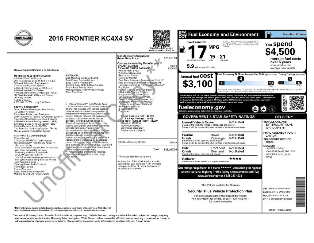 2015 Nissan Frontier SV for sale in Pensacola, FL