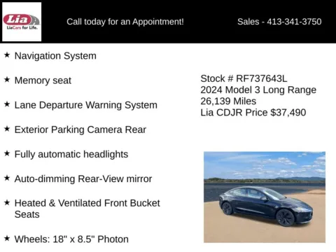 More photos of 2024 Tesla Model 3 Long Range at Lia Chrysler Jeep Dodge Ram Northampton, MA