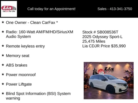 More photos of 2025 Honda Odyssey Sport-L at Lia Chrysler Jeep Dodge Ram Northampton, MA