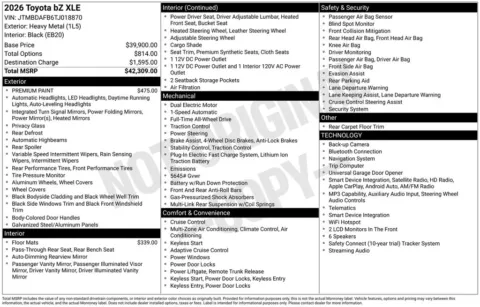 Another view of 2026 Toyota bZ XLE for sale in Albany, NY at Lia Honda Albany
