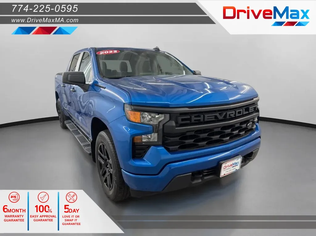 Blue 2022 Chevrolet Silverado 1500 Crew Cab Custom Pickup 4D 5 3/4 ft for sale in West Bridgewater, MA