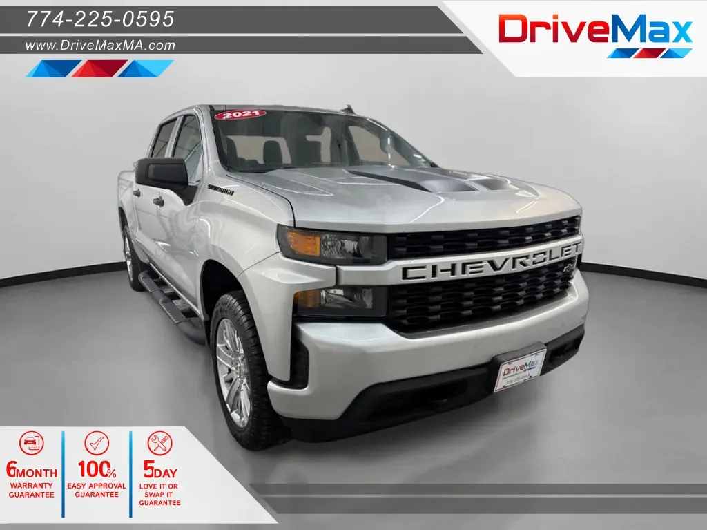 Silver 2021 Chevrolet Silverado 1500 Crew Cab Custom Pickup 4D 5 3/4 ft for sale in West Bridgewater, MA