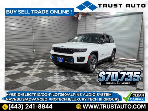 White 2022 Jeep Grand Cherokee 4XE Trailhawk Hybrid Plug-In Electric Luxury SUV for sale in Sykesville, MD