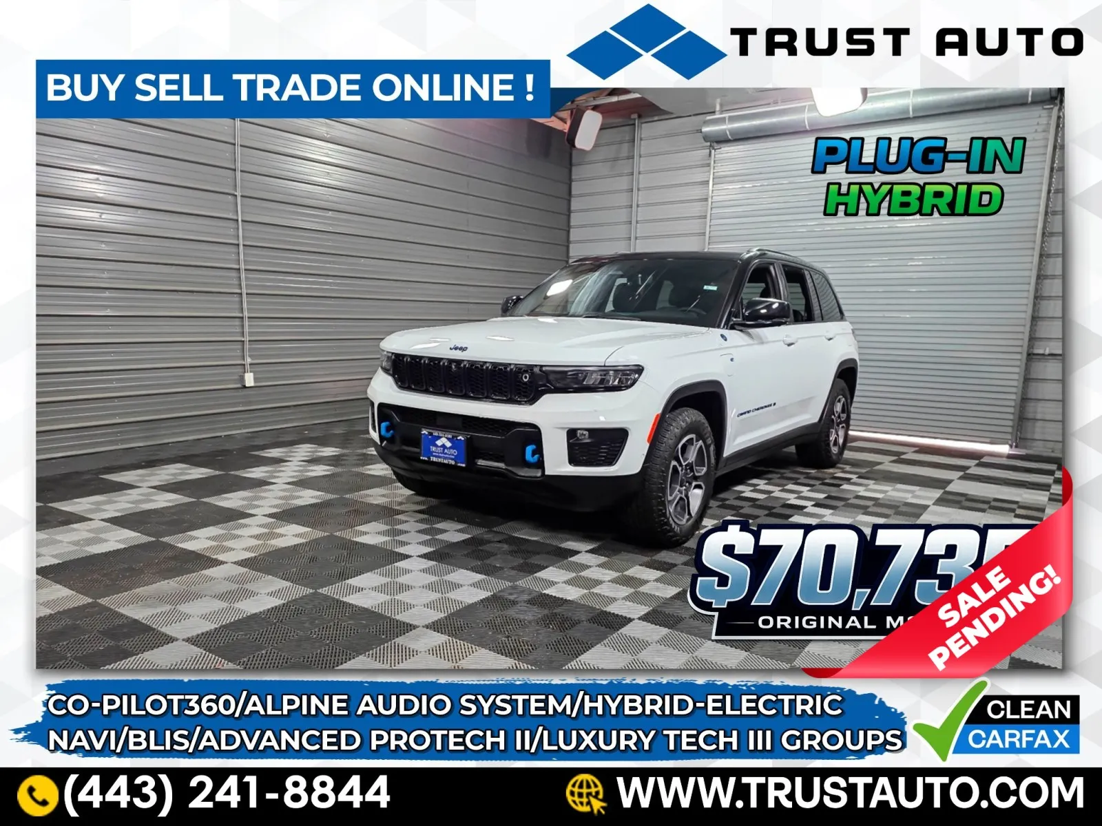 White 2022 Jeep Grand Cherokee 4XE Trailhawk Hybrid Plug-In Electric Luxury SUV for sale in Sykesville, MD