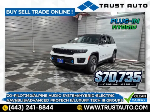 White 2022 Jeep Grand Cherokee 4XE Trailhawk Hybrid Plug-In Electric Luxury SUV for sale in Sykesville, MD