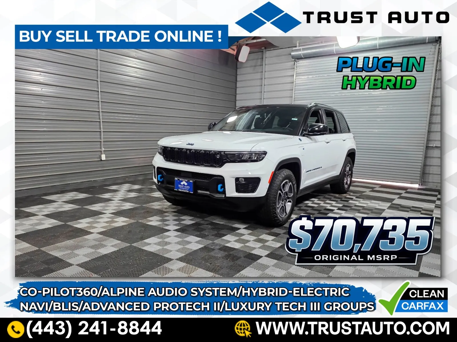 White 2022 Jeep Grand Cherokee 4XE Trailhawk Hybrid Plug-In Electric Luxury SUV for sale in Sykesville, MD