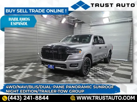 Silver 2025 Ram 1500 Limited 4WD Crew Cab Pickup Truck w/Night Edition for sale in Sykesville, MD