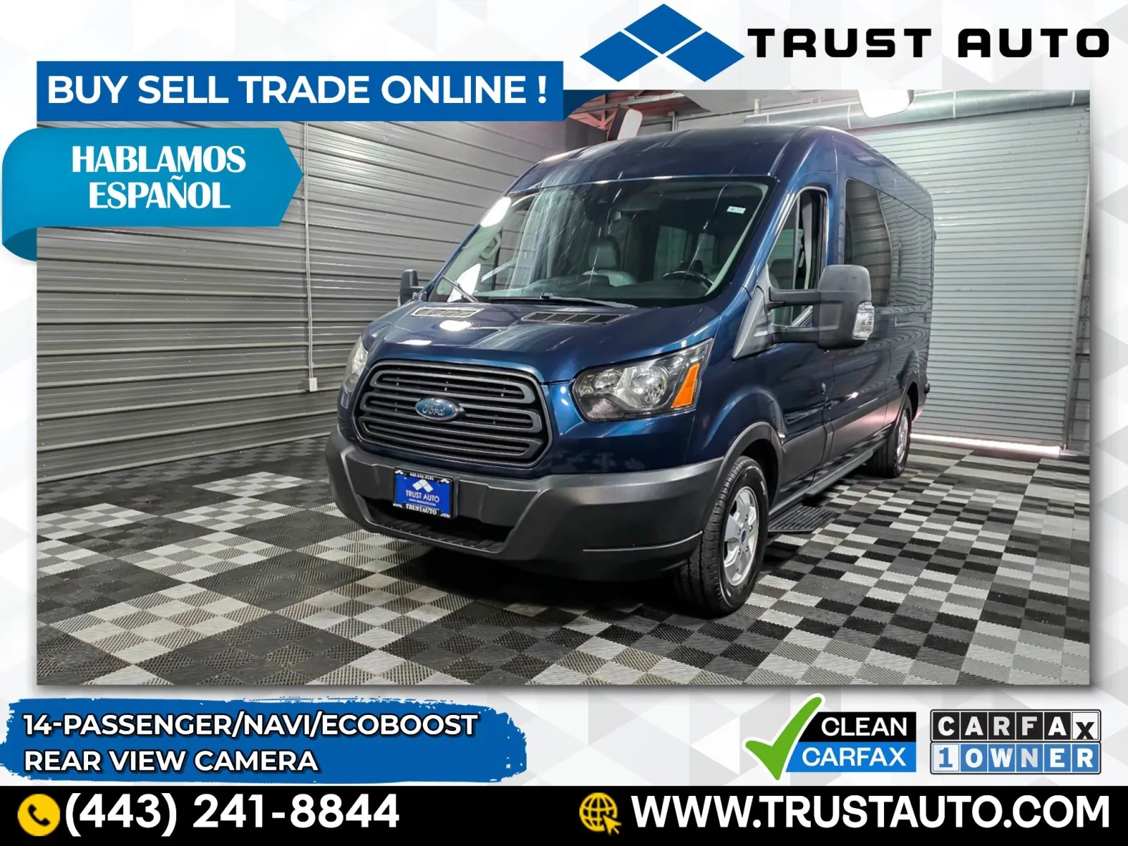 Blue 2019 Ford Transit 14-Passenger XL 148''WB 3.5L V6 EcoBoost Medium Roof Minivan/Van/Wagon for sale in Sykesville, MD