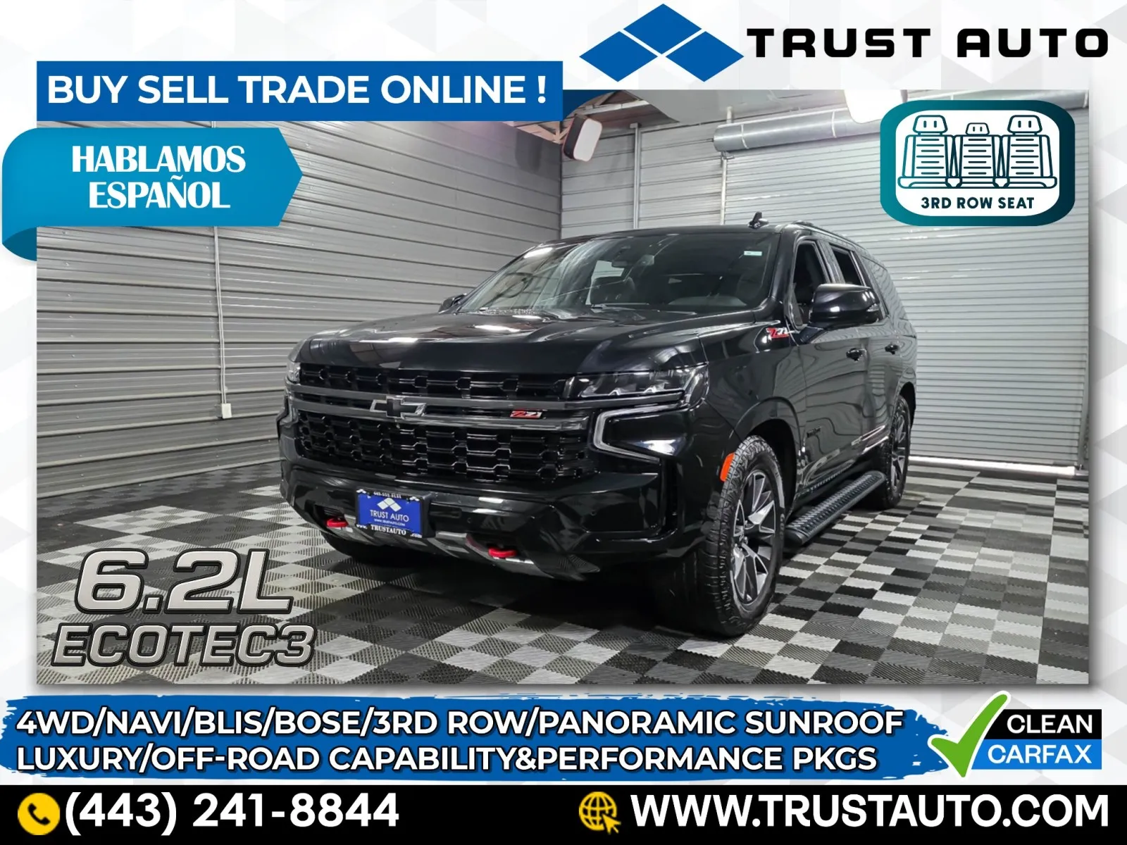 Black 2022 Chevrolet Tahoe Z71 4WD 7-Passenger V8 6.2L Ecotec3 Luxury SUV for sale in Sykesville, MD