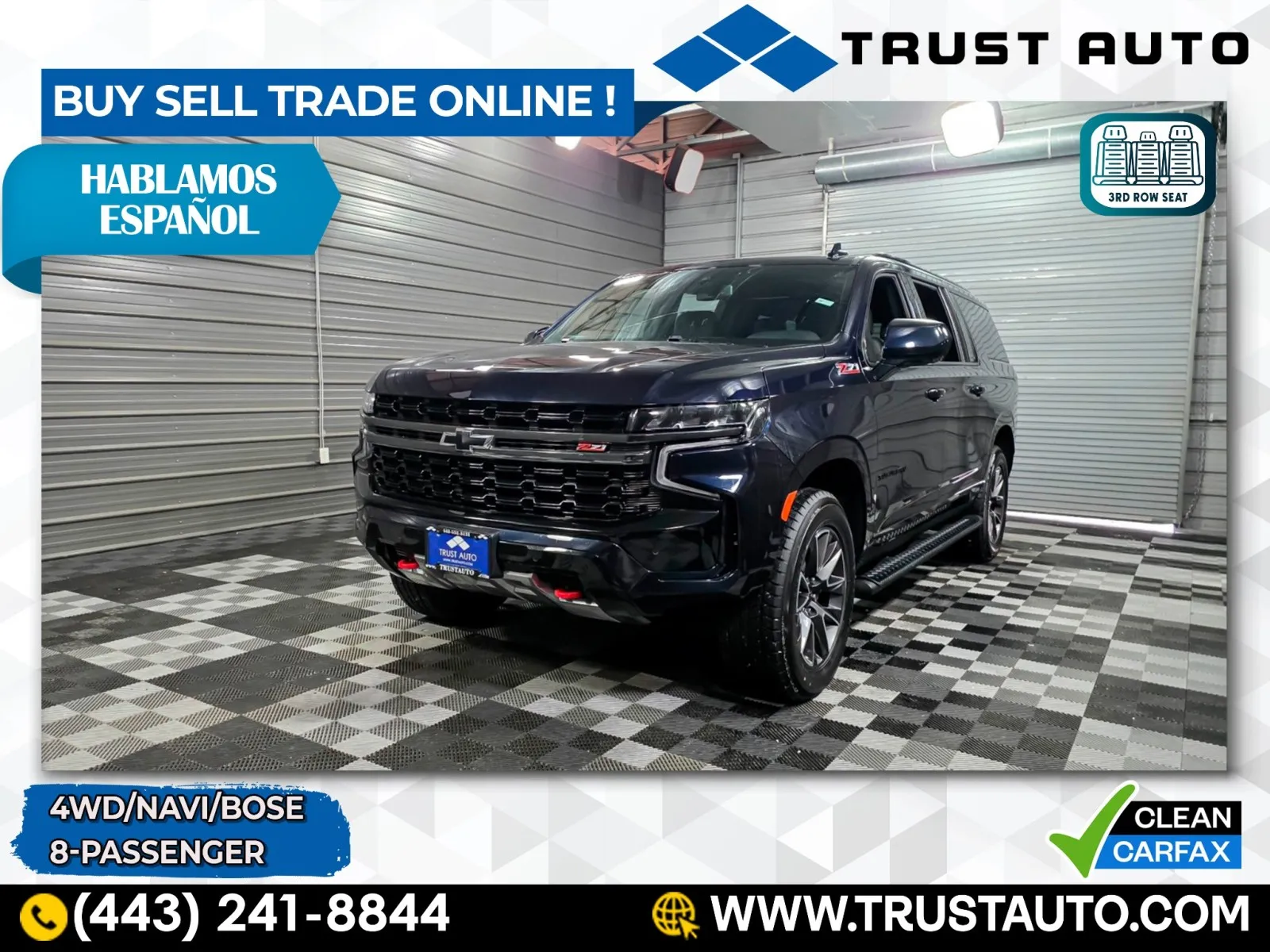 Blue 2022 Chevrolet Suburban Z71 4WD 8-Passenger SUV for sale in Sykesville, MD