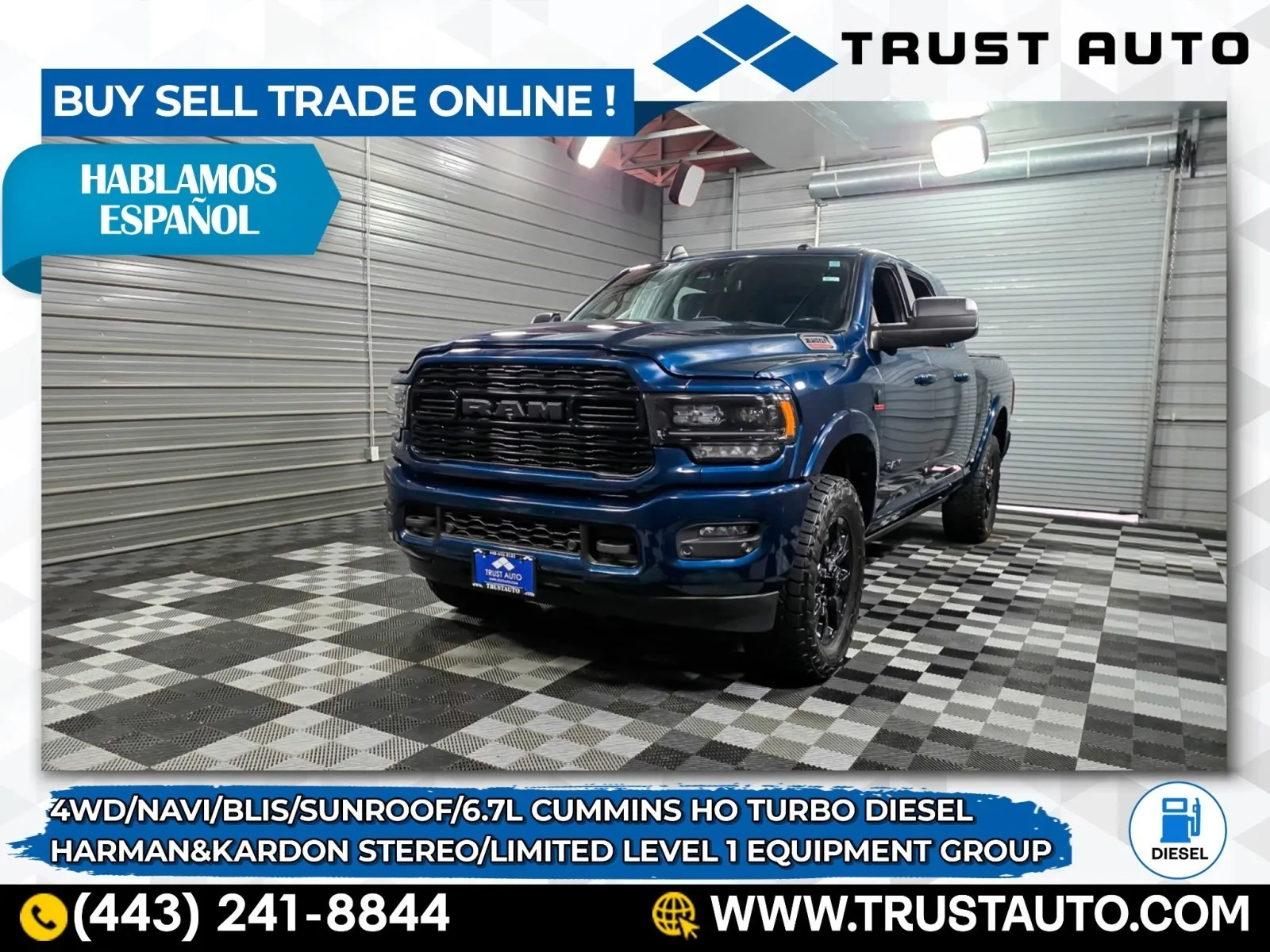 Blue 2022 Ram 3500 Limited 4WD Mega Cab Cummins HO Diesel Pickup Truck w/Level 1 Eq for sale in Sykesville, MD