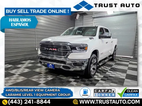 White 2020 Ram 1500 Laramie 4WD Crew Cab 3.0L V6 Diesel Pickup Truck w/Level 1 Equipment Group for sale in Sykesville, MD