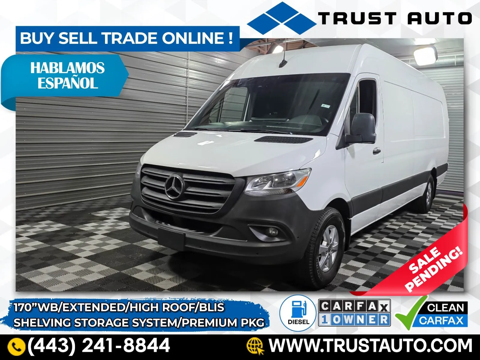 White 2022 Mercedes-Benz Sprinter 2500 Cargo 170'' High Roof Diesel Extended Minivan/Van w/Shelving Storage S for sale in Sykesville, MD