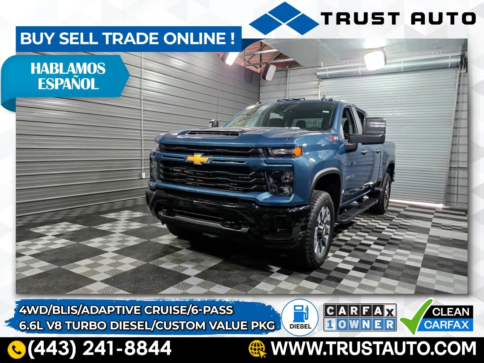 Blue 2024 Chevrolet Silverado 2500HD Custom 4WD Crew Cab 6-Pass Duramax Diesel Pickup Truck w/Value Pkg for sale in Sykesville, MD