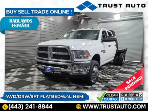 White 2017 Ram 3500 Chassis Flatbed Tradesman 4WD DRW Crew Cab 9FT Bed Dually Hemi Pickup Truck for sale in Sykesville, MD