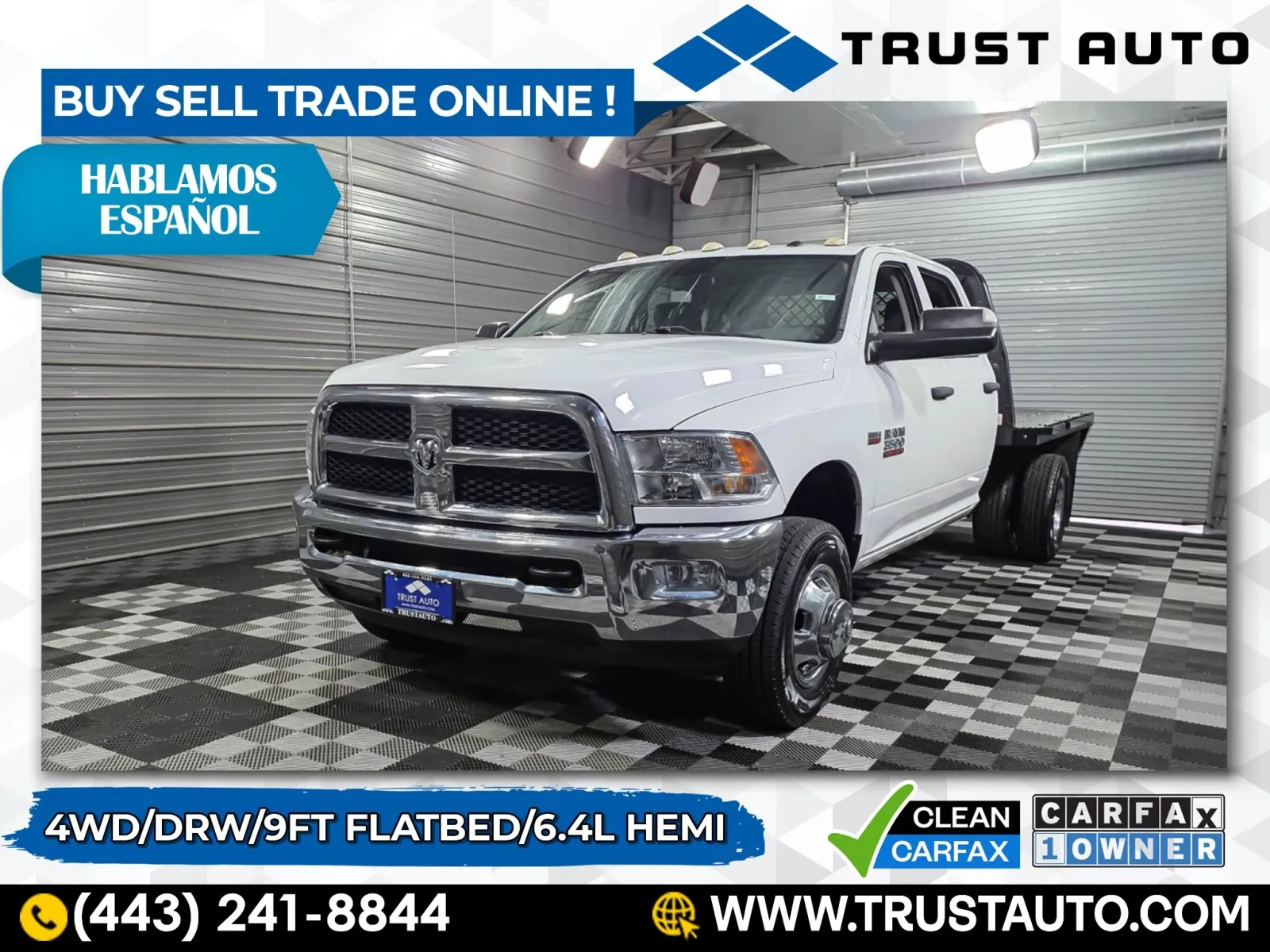 White 2017 Ram 3500 Chassis Flatbed Tradesman 4WD DRW Crew Cab 9FT Bed Dually Hemi Pickup Truck for sale in Sykesville, MD