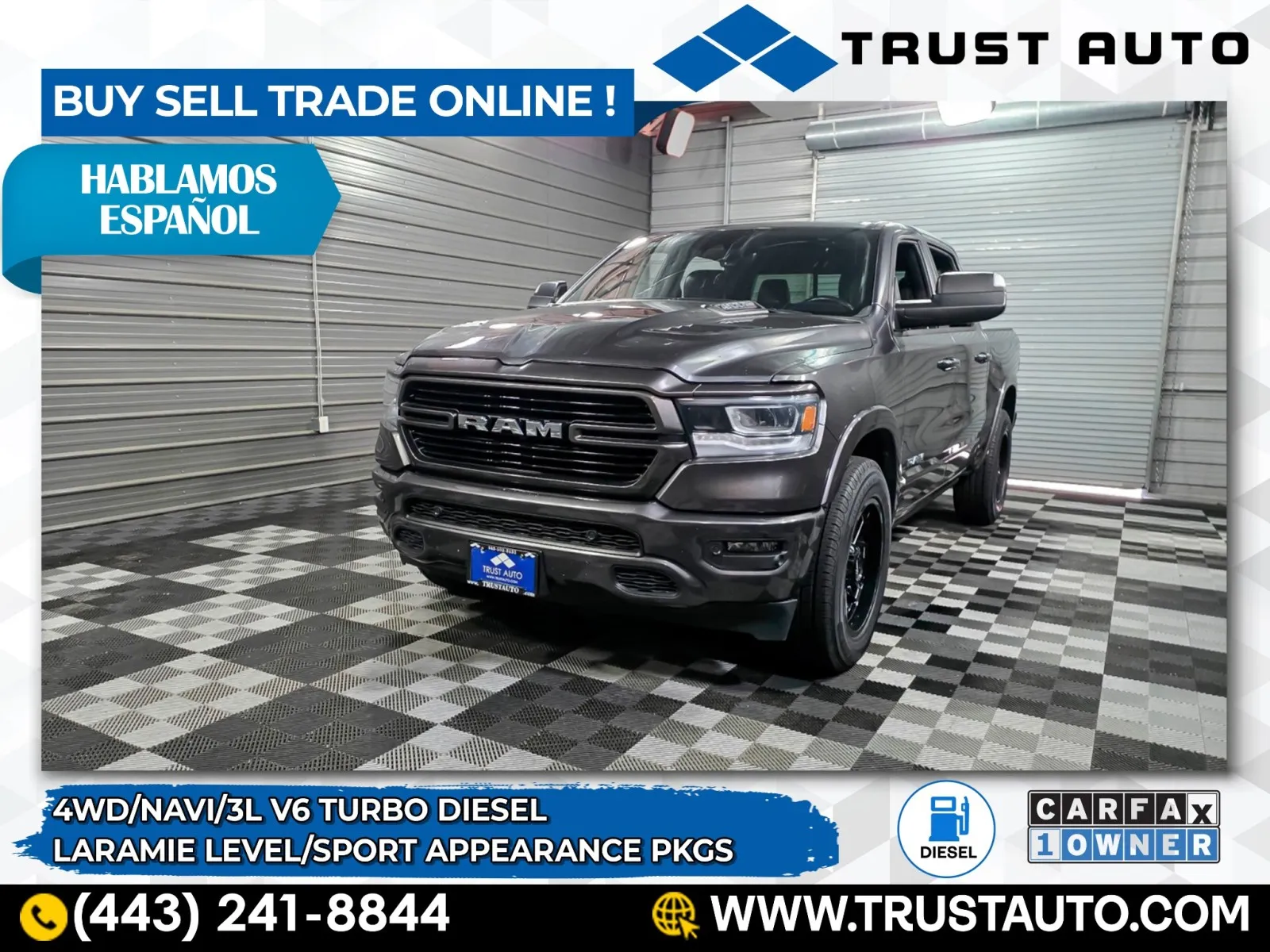 Gray 2021 Ram 1500 Laramie 4WD Crew Cab Diesel Pickup Truck w/Laramie Level/Sport Appearance Pkgs for sale in Sykesville, MD