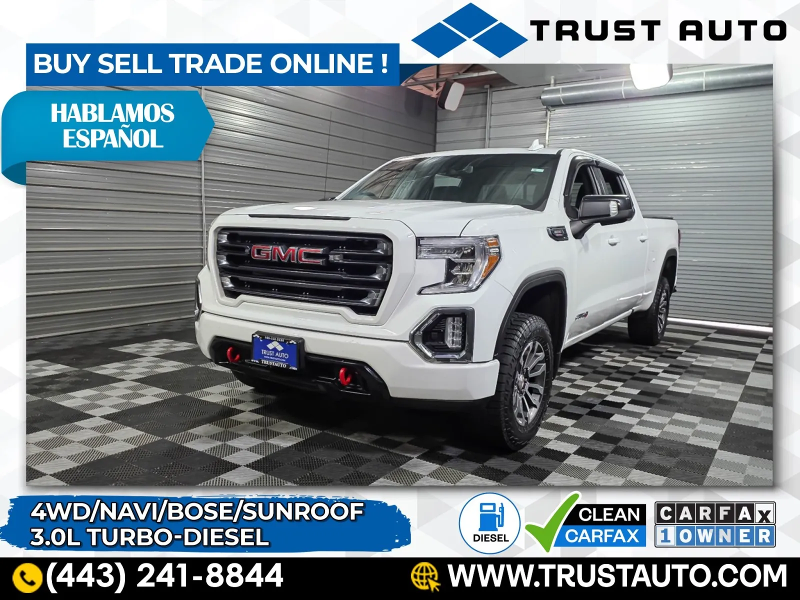 White 2021 GMC Sierra 1500 AT4 4WD Crew Cab Diesel Pickup Truck for sale in Sykesville, MD