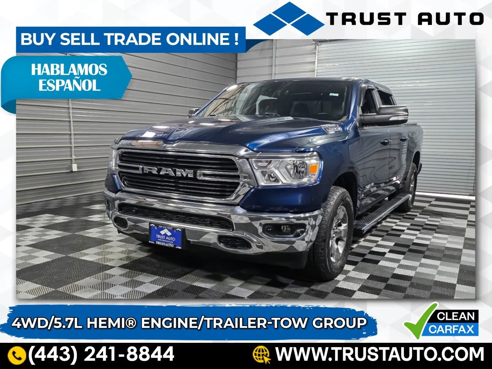 Blue 2021 Ram 1500 Big Horn Crew Cab 4WD 5.7L V8 HEMI Etorgue Pickup Truck for sale in Sykesville, MD