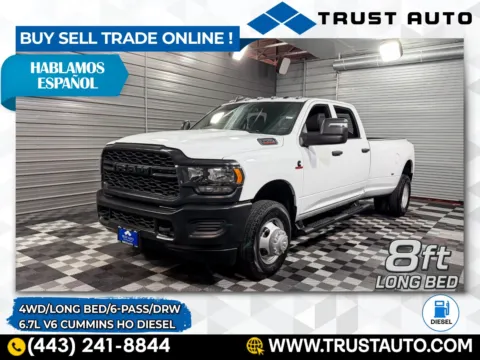 White 2023 Ram 3500 DRW Tradesman 4WD Crew Cab 8.2FT Liong Bed Cummins HO Turbo Diesel Pickup Truck for sale in Sykesville, MD