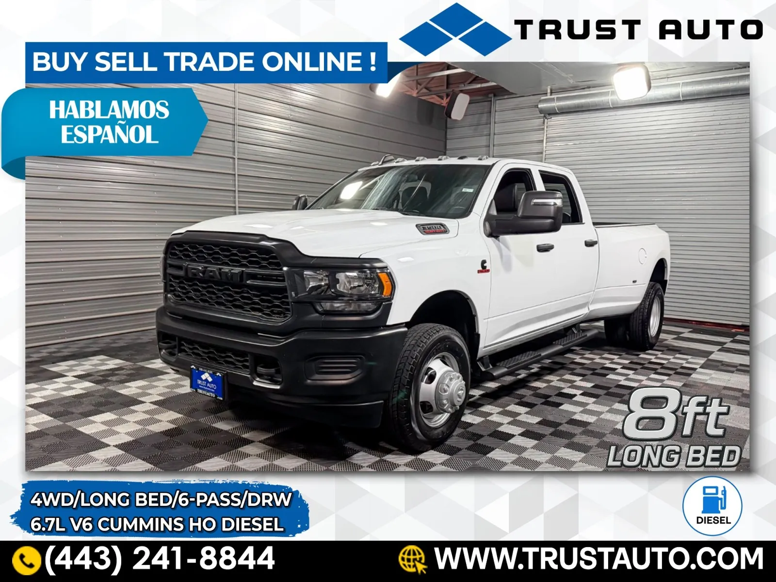 White 2023 Ram 3500 DRW Tradesman 4WD Crew Cab 8.2FT Liong Bed Cummins HO Turbo Diesel Pickup Truck for sale in Sykesville, MD