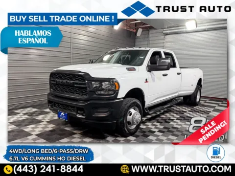 White 2023 Ram 3500 DRW Tradesman 4WD Crew Cab 8.2FT Liong Bed Cummins HO Turbo Diesel P for sale in Sykesville, MD