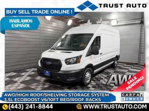 White 2023 Ford Transit T-350 Cargo 148''WB AWD High Roof Minivan/Van w/Roof Racks for sale in Sykesville, MD