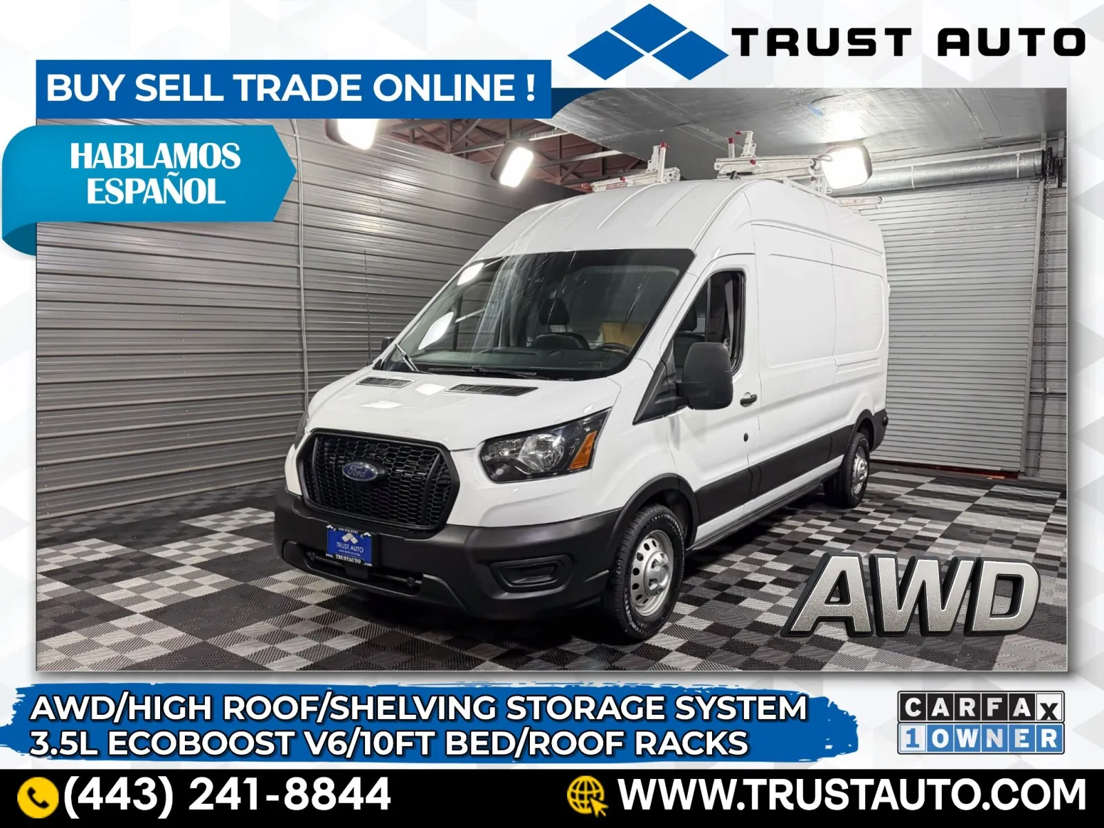 White 2023 Ford Transit T-350 Cargo 148''WB AWD High Roof Minivan/Van w/Roof Racks for sale in Sykesville, MD