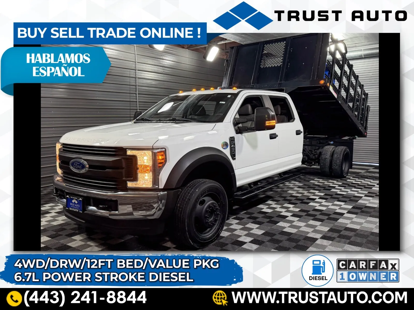 White 2019 Ford F-450 Super Duty Chassis XL 203''WB Crew Cab DRW 4WD 12FT Dump Bed Truck for sale in Sykesville, MD