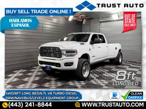 White 2019 Ram 3500 DRW Laramie 4WD Crew Cab 8Ft Long Bed Turbo Diesel Pickup Truck w/Level 2 Equipment Group for sale in Sykesville, MD