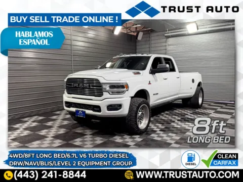 White 2019 Ram 3500 DRW Laramie 4WD Crew Cab 8Ft Long Bed Turbo Diesel Pickup Truck w/Level 2 Equipment Group for sale in Sykesville, MD