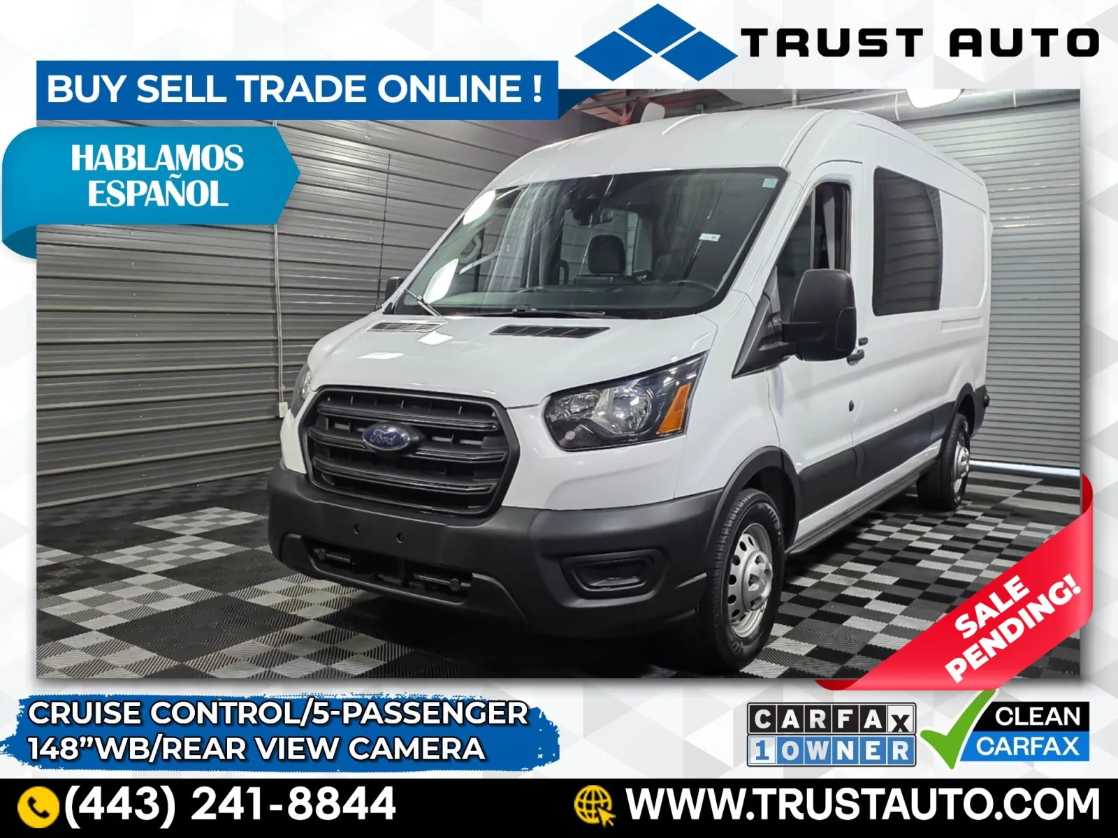 White 2020 Ford Transit T-150 5-Passenger 148''WB Crew Medium Roof Minivan/Van for sale in Sykesville, MD