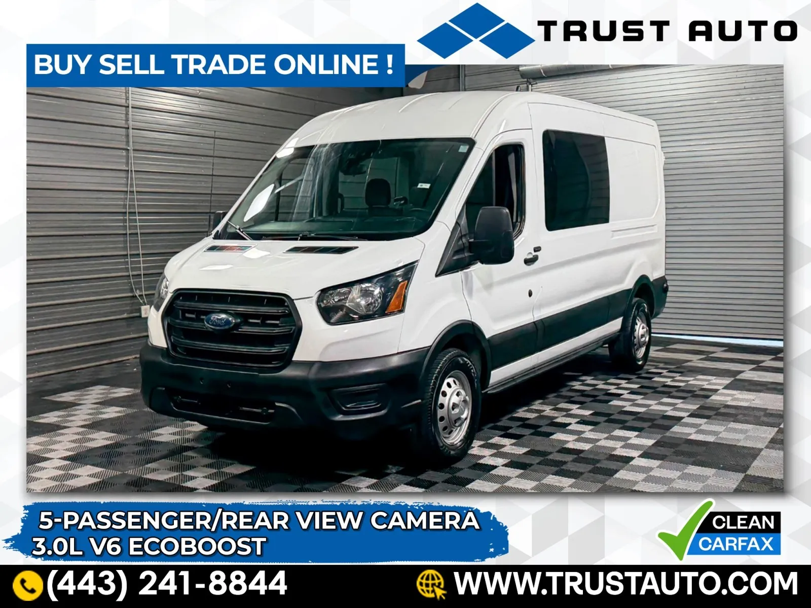 White 2020 Ford Transit T-150 5-Passenger Crew 148''WB Medium Roof Ecoboost Minivan/Van for sale in Sykesville, MD