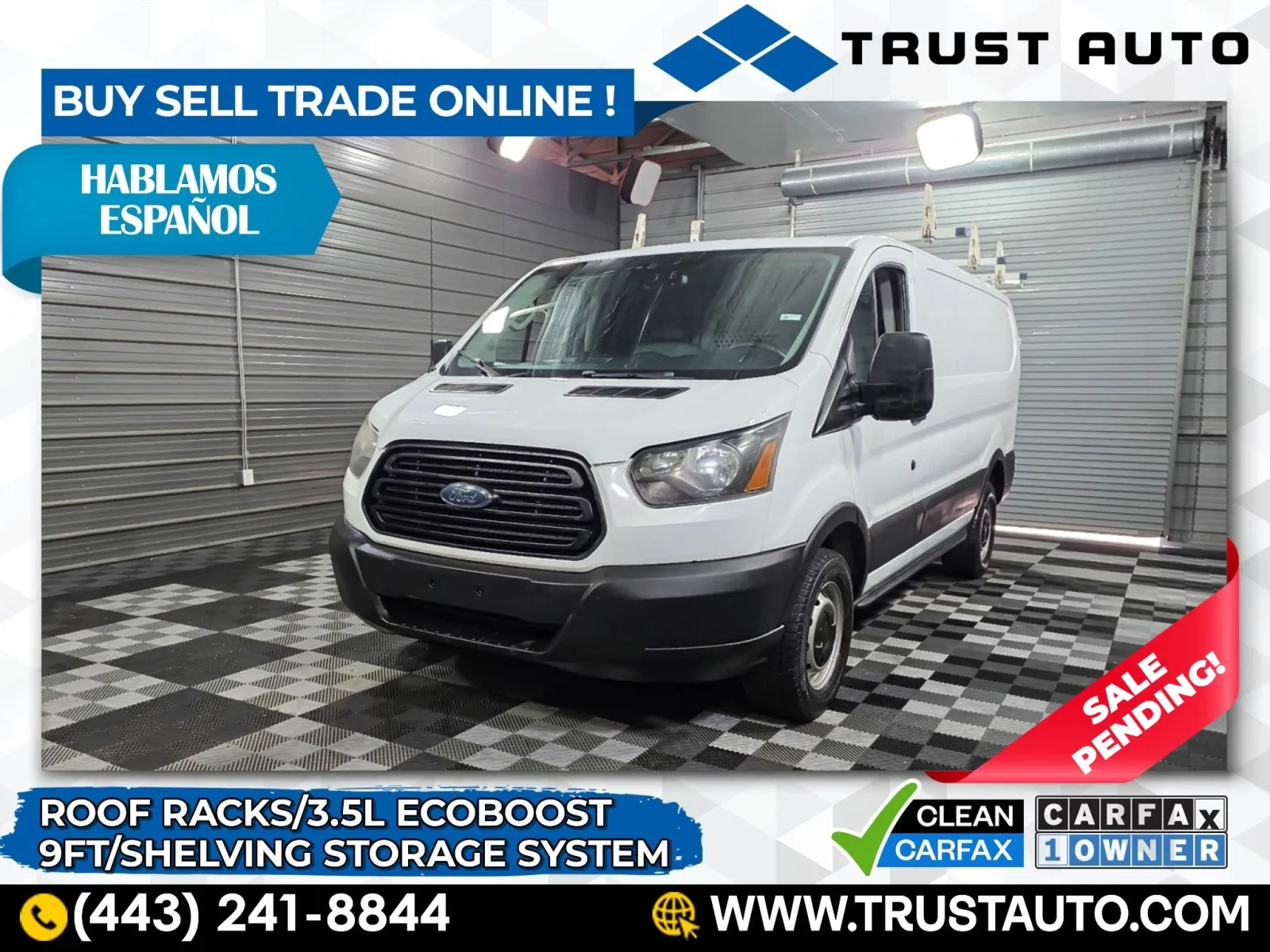 White 2017 Ford Transit T-250 Cargo 130''WB Low Roof Minivan/Van w/Roof Racks for sale in Sykesville, MD