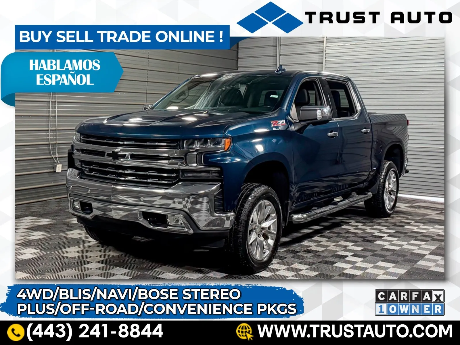 Blue 2020 Chevrolet Silverado 1500 LTZ 4WD Crew Cab 5.3L V8 Pickup Truck w/Plus/Z71 Off-Road Pkgs for sale in Sykesville, MD