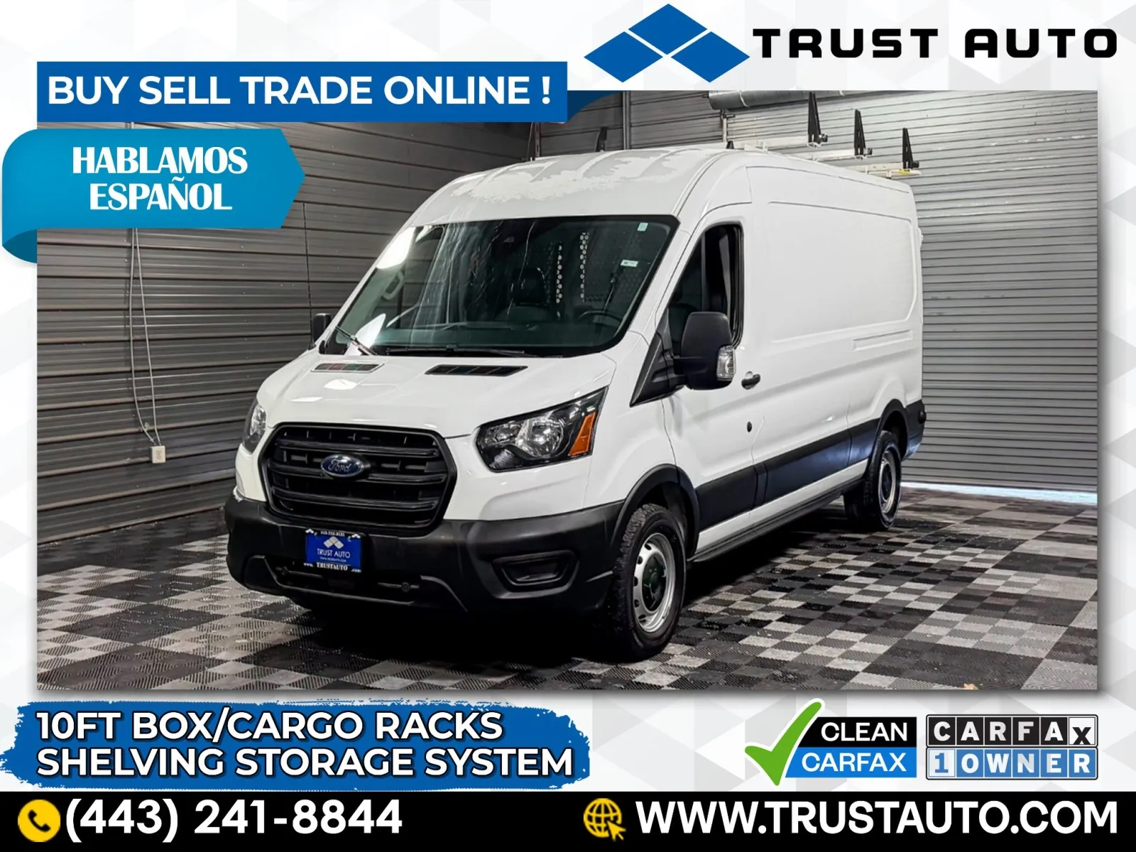 White 2020 Ford Transit T-250 Cargo 148''WB Medium Roof Minivan/Van w/Cargo Racks/Shelving Storage System for sale in Sykesville, MD