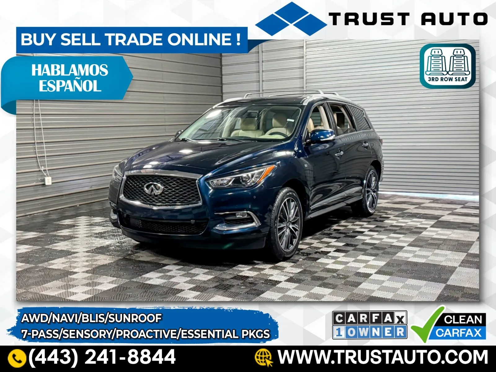 Blue 2019 INFINITI QX60 LUXE 7-Pass SUV w/Essential/Proactive/Sensory Pkgs for sale in Sykesville, MD