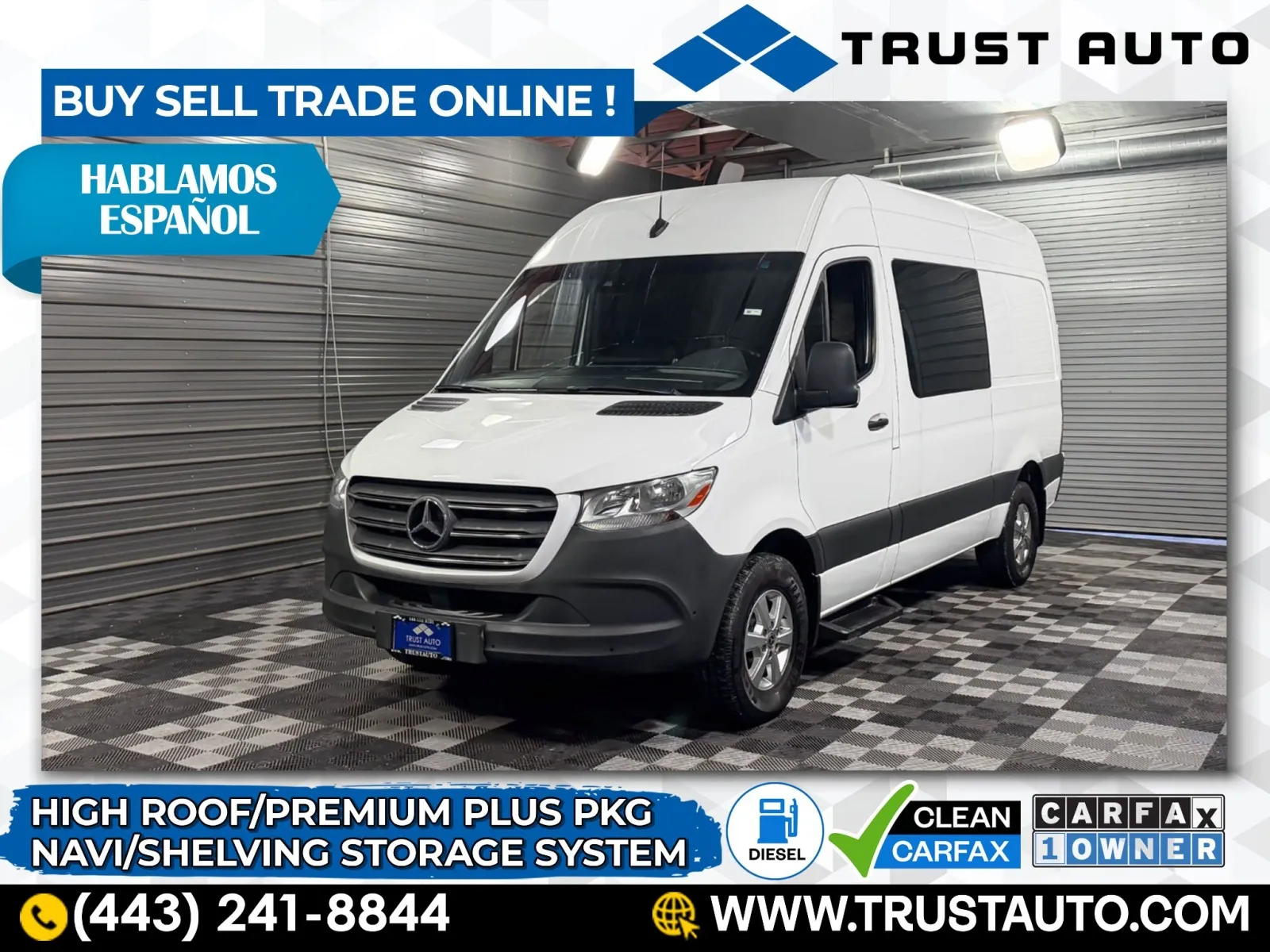 White 2019 Mercedes-Benz Sprinter 2500 Cargo 144''WB High Roof Diesel Minivan/Van for sale in Sykesville, MD