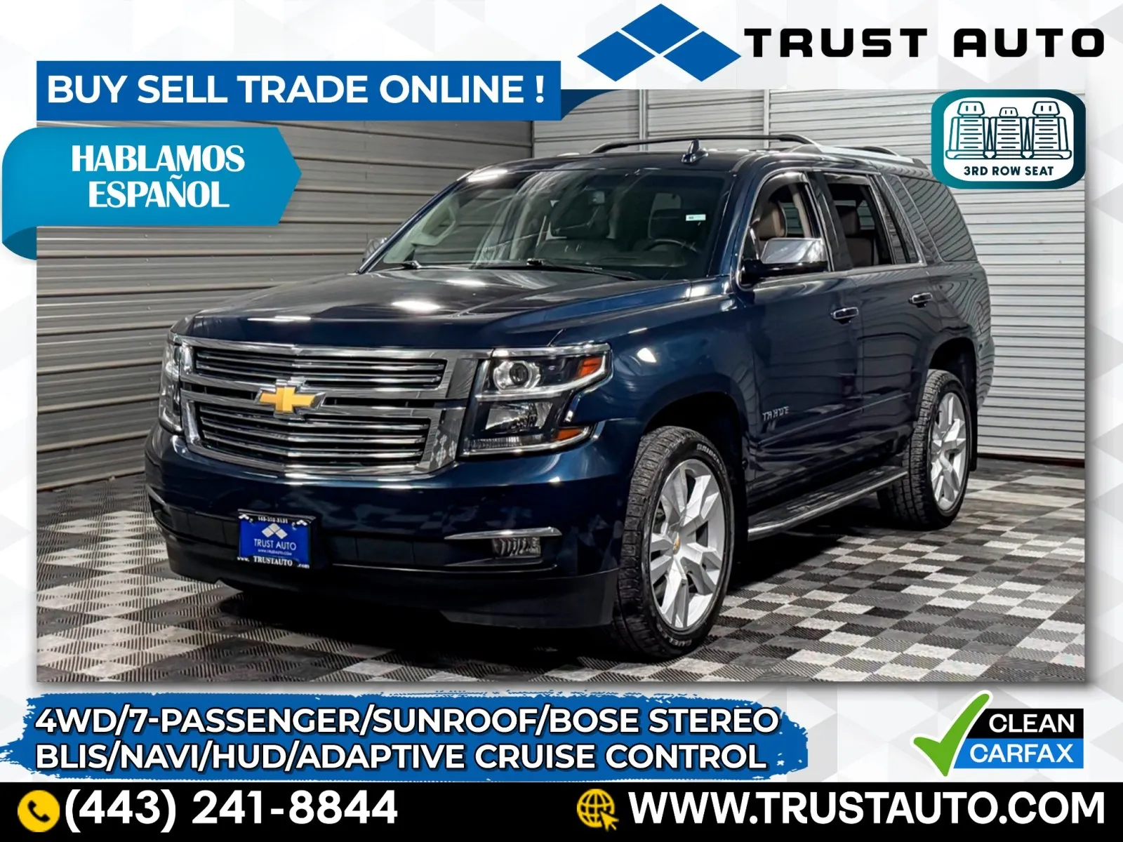 Blue 2018 Chevrolet Tahoe Premier 4WD Luxury 7-Passenger SUV for sale in Sykesville, MD
